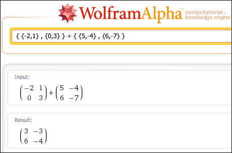 adding matrices at WolframAlpha