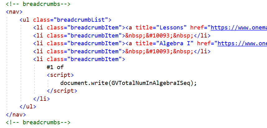 (truncated) HTML code for breadcrumbs