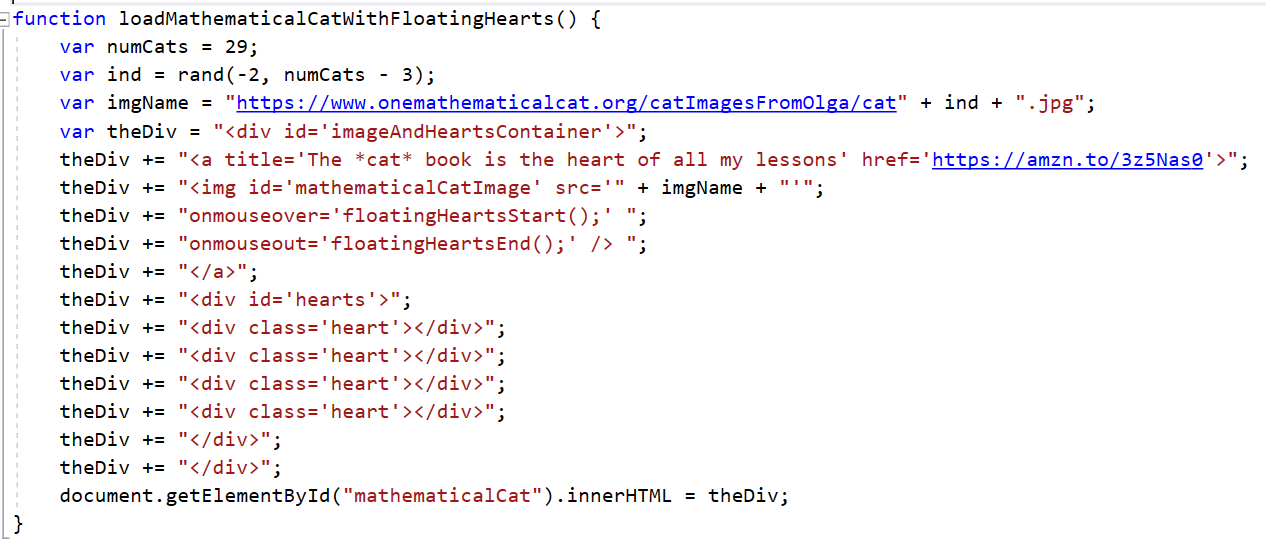 JavaScript function for mathematical cat with floating hearts