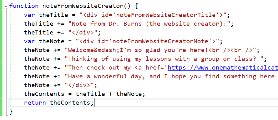 JavaScript function for embedded note from web creator