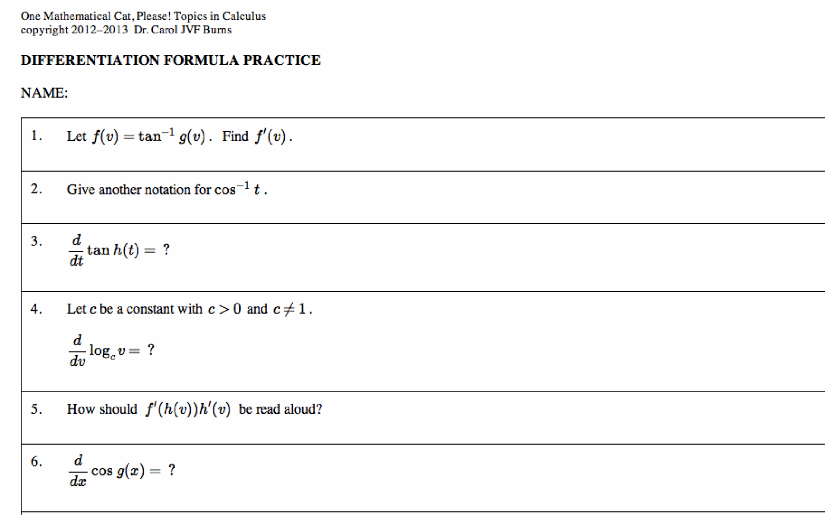 Differentiation Formula Practice