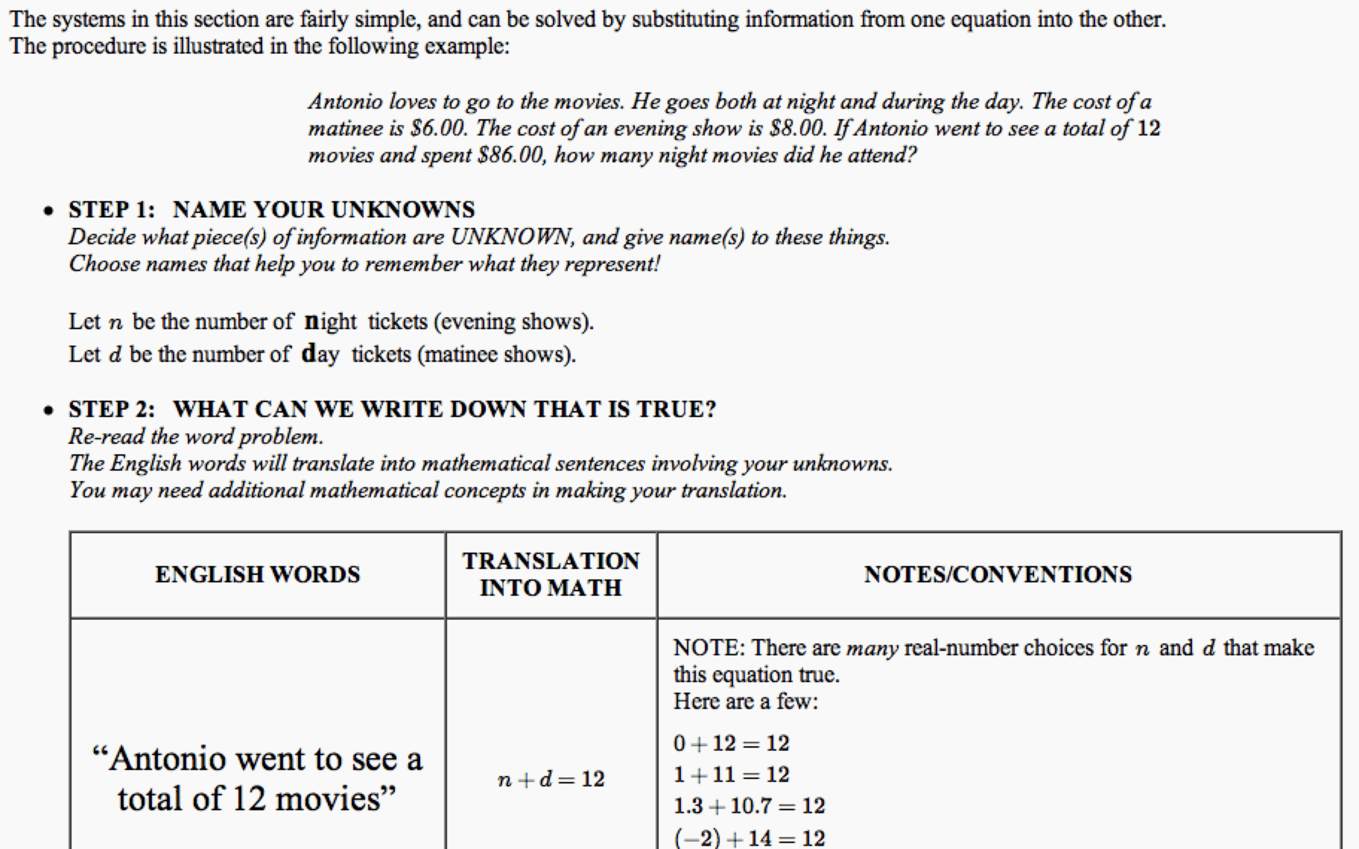 Simple Word Problems resulting in a System of Equations